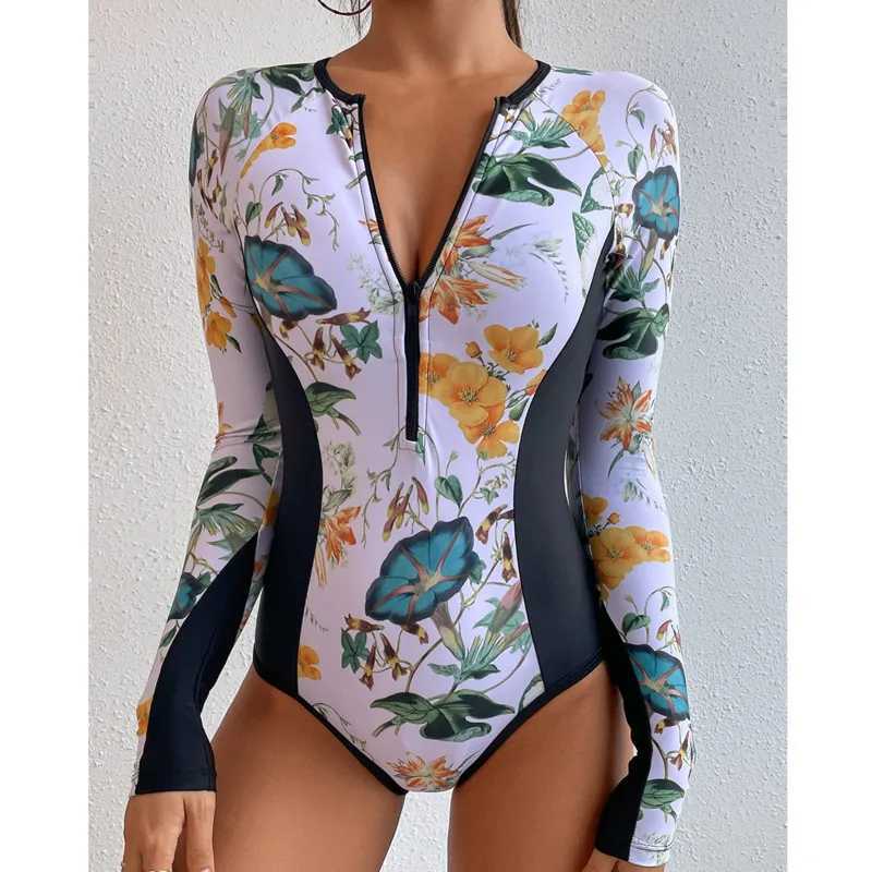 New One-Piece Swimsuit Closed Long Seve Swimwear For Sports Surfing Bodysuit Women Swimming Bathing Suit Beachwear Pool BatherXJ240108