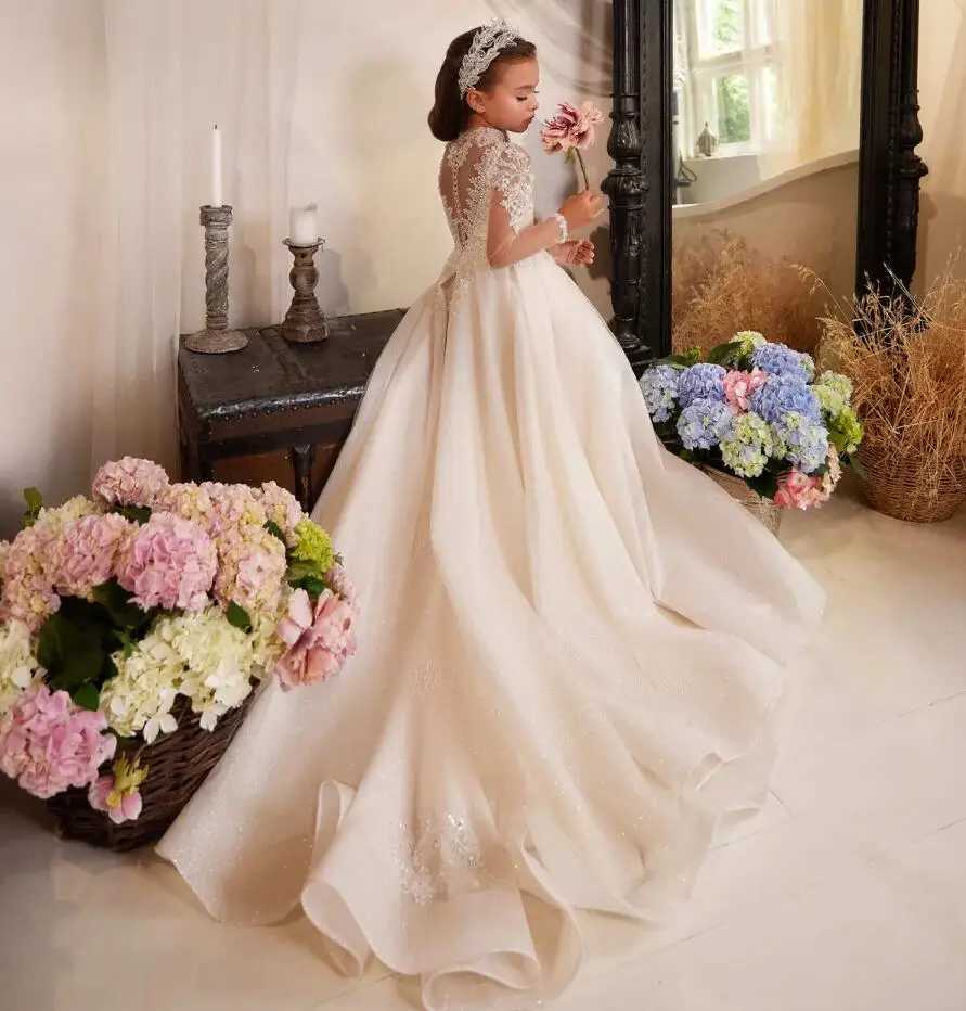 New Shining Flower Girl Dress For Wedding Lace Puffy Sequins Beading Full Sleeve Kids Birthday Par First Communion GownsXJ250108