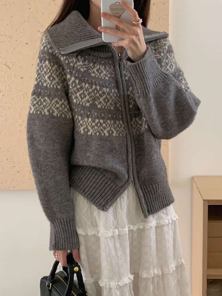 Vintage Womens Cardigans Casual Long Sleeve Chunky Fall Winter Button Down Fair Isle Cardigan Sweaters Zipper Knit Tops