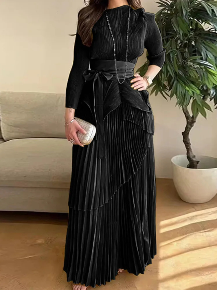 GVUW Pleated Fashion Party 2 Piece Set Women Round Neck Irregular Belt Gathered Waist Solid Color Long Skirts 2025 32C1114 250109