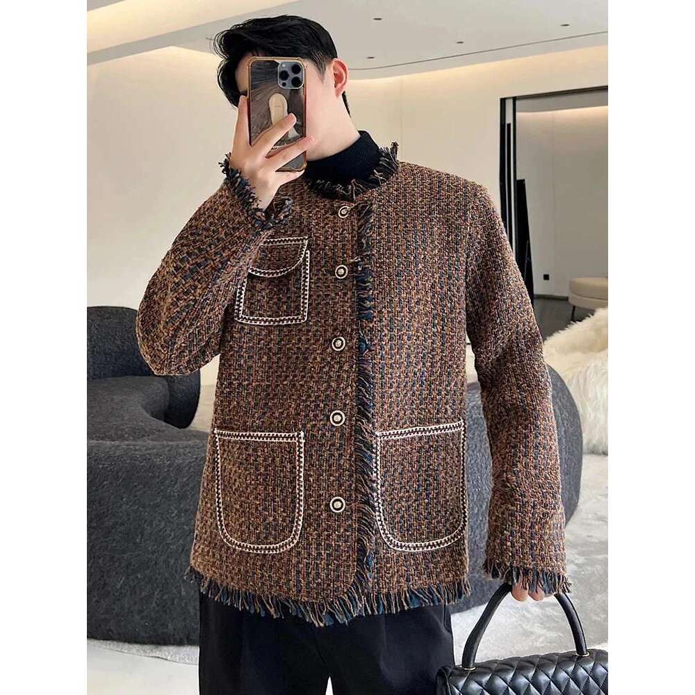 Tweed Woven Suit Jacket Trendy Men's Damaged Rough Edges Burrs Original Design Korean Elegant Stylish Blazer Coat Lz1730