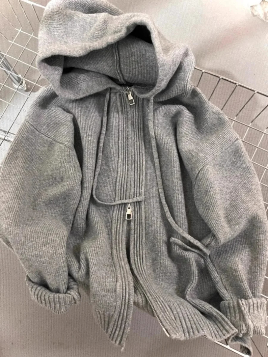 Gray Hooded Sweater Coat Women Spring Autumn Double Zipper Long Sleeve Loose Knitted Cardigans Simple All-matched Hoodies 250106