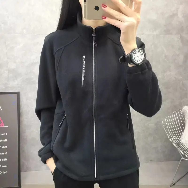 Polar Fleece Jacket for Women Spring Autumn Plush Thick Cardigan Coats Windproof Warm Stand Collar Hiking Thermal Chaqueta Mujer 250109