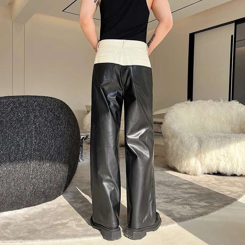Trendy Color Contrast Splicing Leather Pants Men Niche Design Casual Straight Fashion Elegant Loose Trousers
