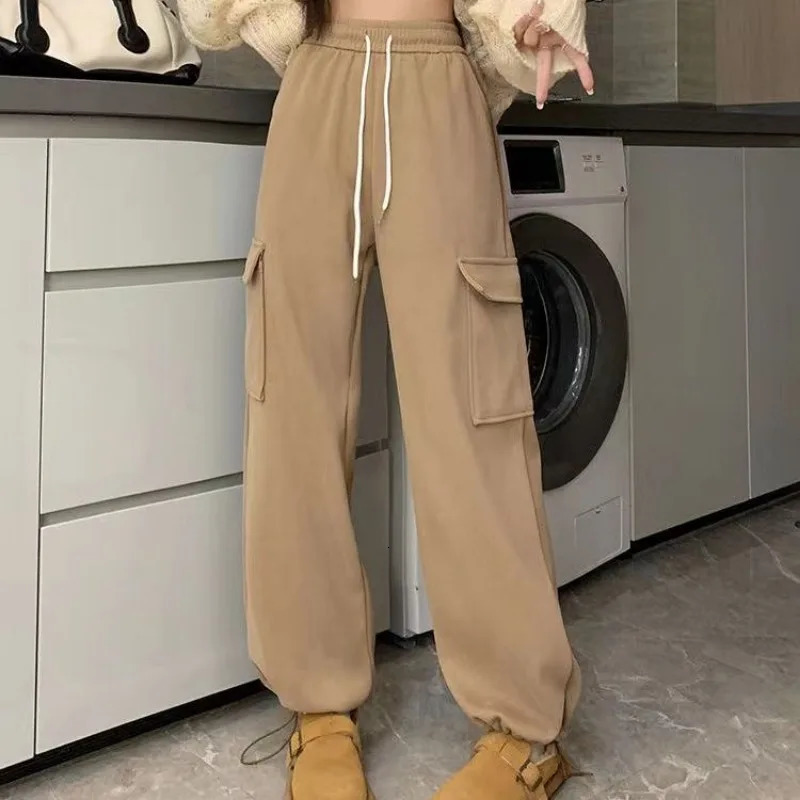 Plus Velvet Cargo Pants Women Men High Waist Drawstring Baggy Trousers Harajuku Big Pocket Oversized Wide Leg Sweatpants 250109