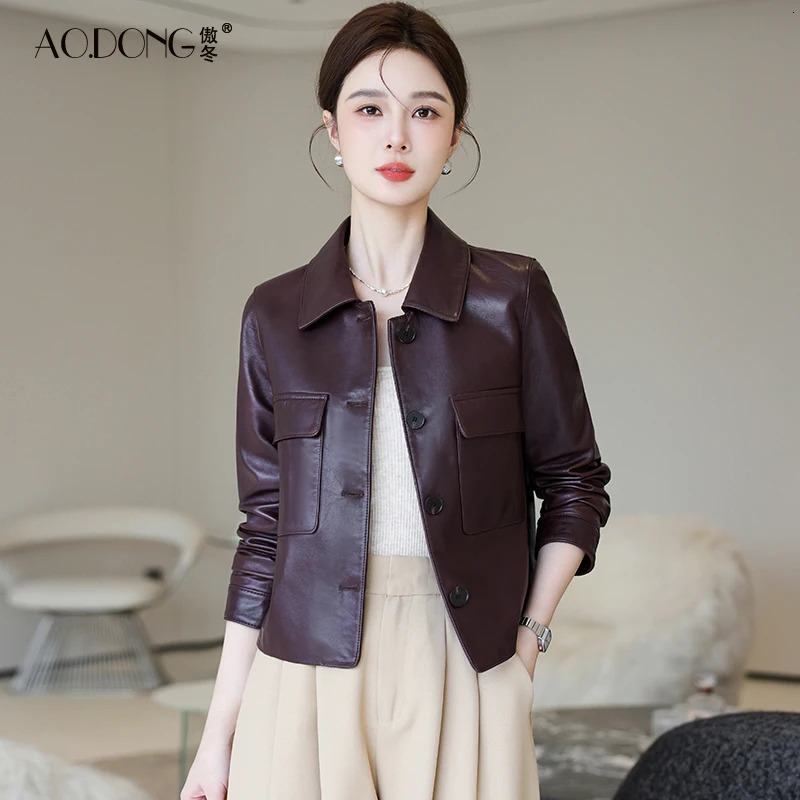 Genuine leather jacket womens short and highend sheepskin middleaged long sleeved fashionable lapel casual 250109