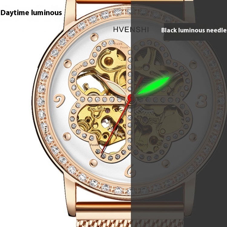 Elegant Automatic Mechanical Watch for Women with Luminous Diamond-Encrusted Clover Dial