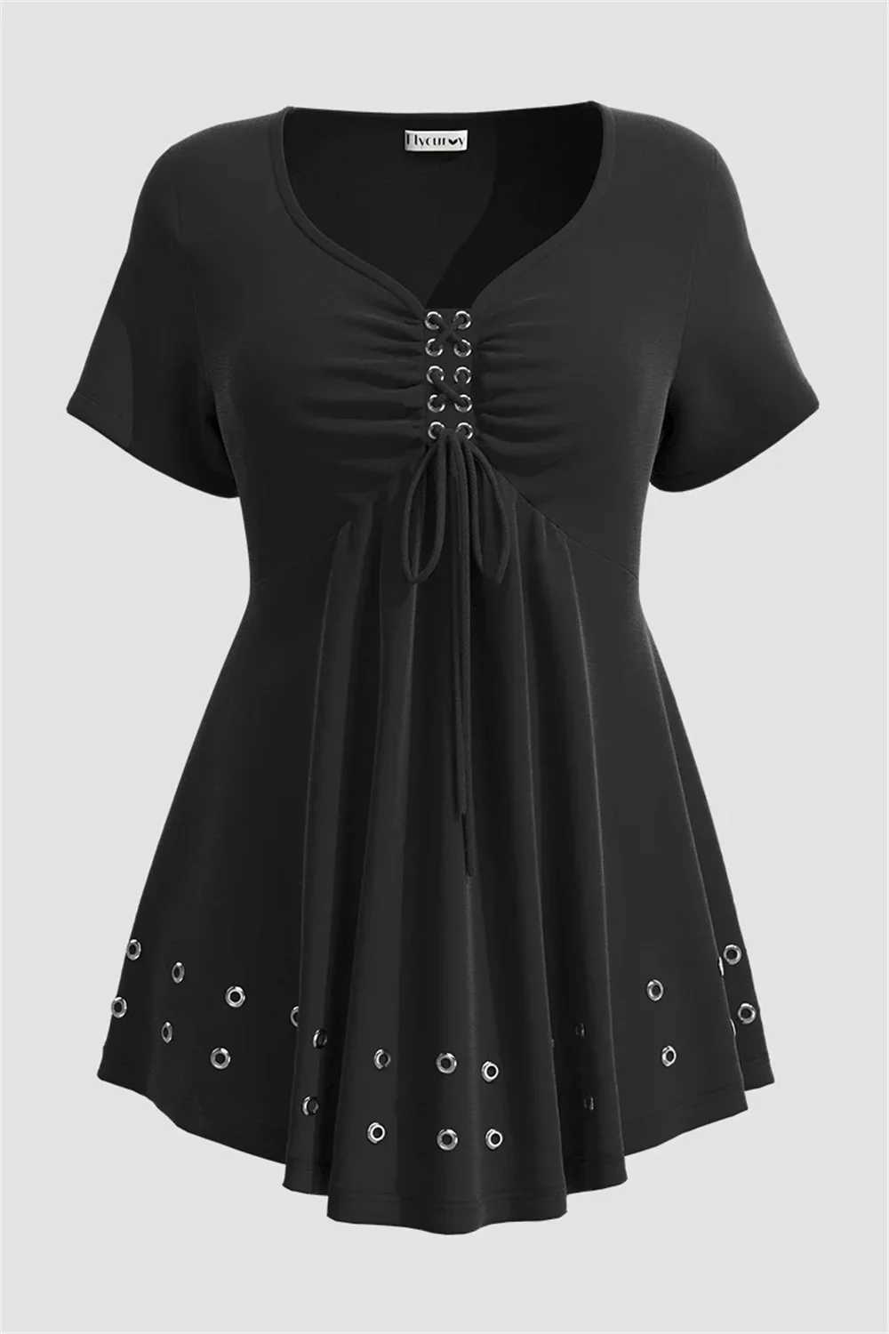 Womens plus size casual T-shirt with V-neck lace pleated edge eye wash soft and loose in summer basic pleats medium elasticity new T-shirt M250108