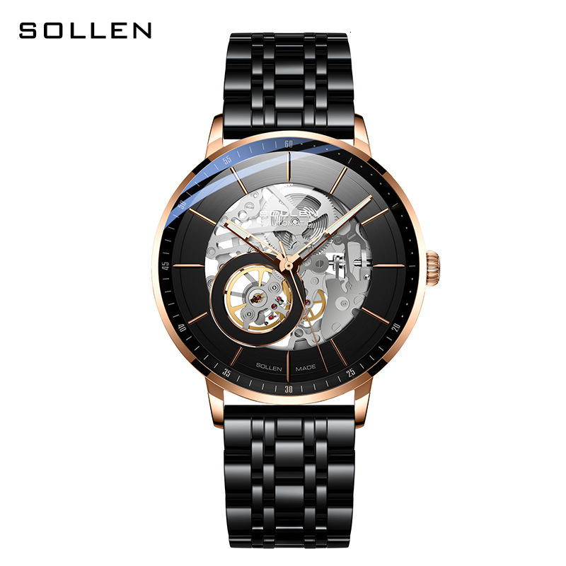 Fashionable SOLLEN Business Casual Skeleton Dial Watch for Men
