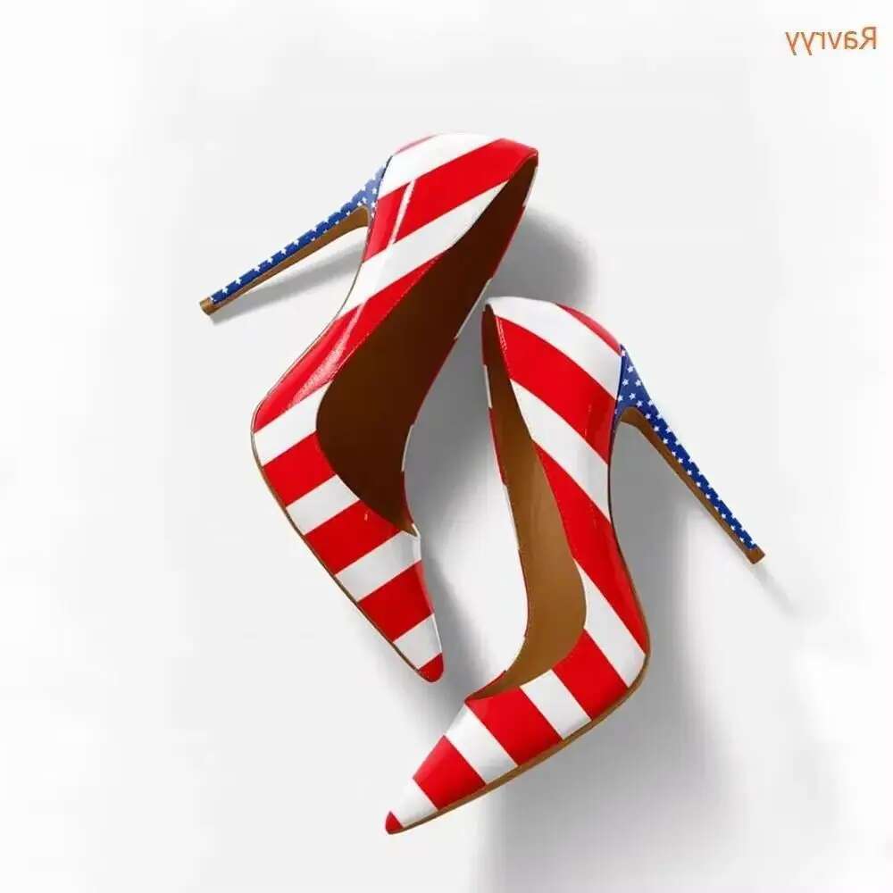 American Flag Prints Thin Heels Pointed Toe Patent Leather Women Slip On Pumps Shallow Party Fashion Shoes