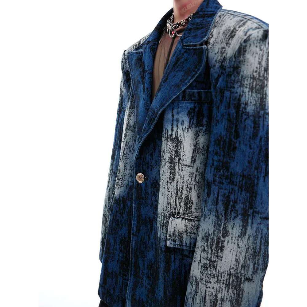 Tie Dye Vintage Design Shoulder Padded Suit Jacket Denim Blazer Coats Male Original Personalized Trendy Streetwear