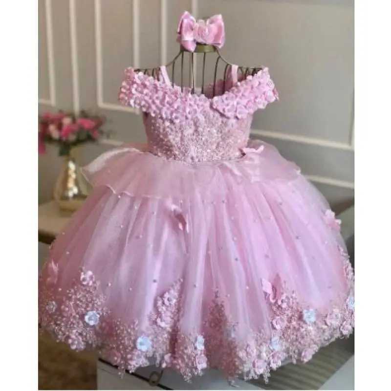 Baby Girls Dresses Off Shoulder Pearls Lace Butterflies Flower Princess Dress Infant First Birthday Par Gown Communion GiftXJ250108