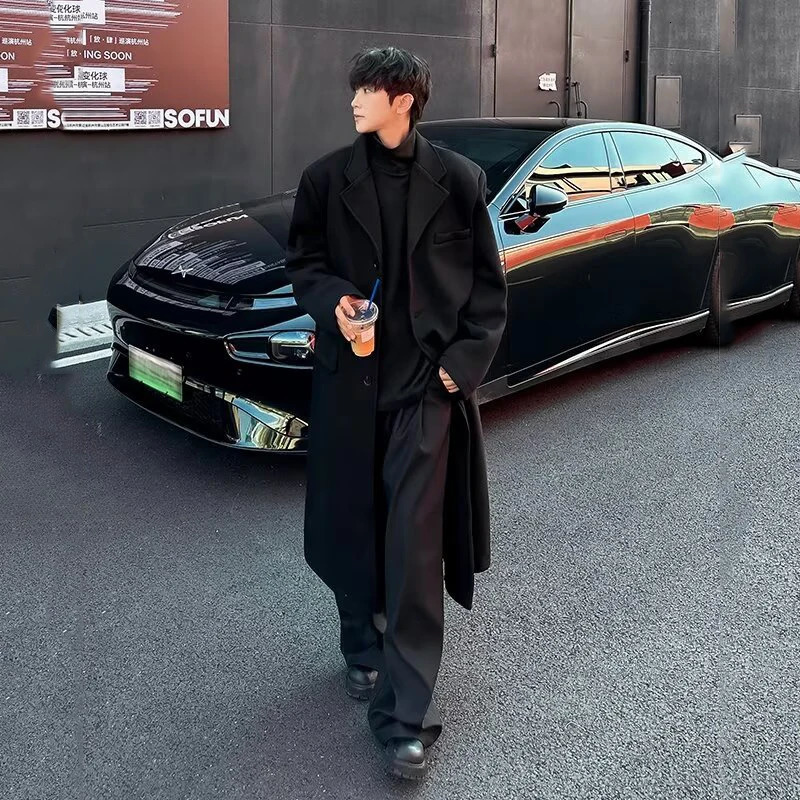 FEWQ Mid Long Woolen Coat Autumn Winter Mens Korean Fashion Loose Casual Versatile Over The Knee Male Trench 24E5306 250106