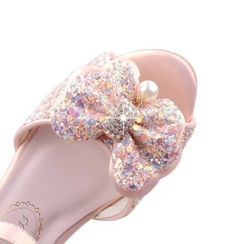 Girl princess shoes shiny childrens high heels white show leather shoes new summer girl bow painting performance sandals W250108