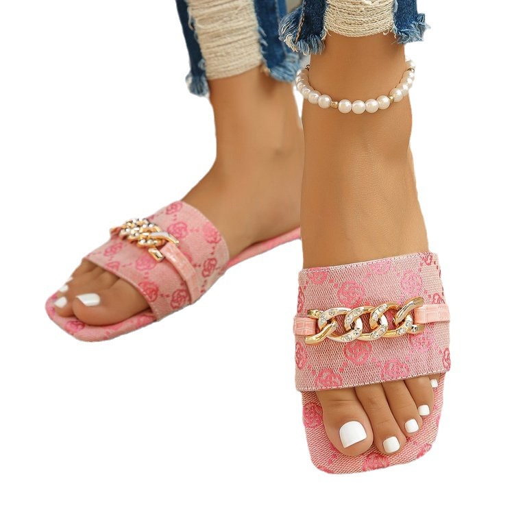 Free Shipping slides designer Slippers womans flat sandals Peep Toe Drill chain shoes Indoor home outdoor women