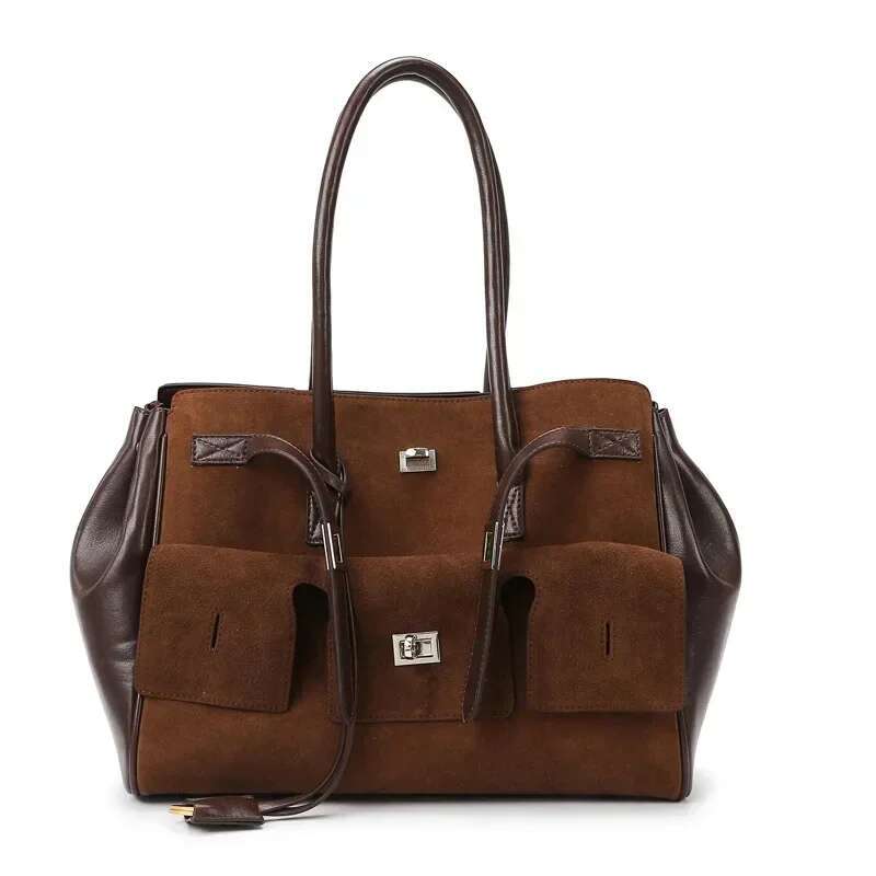 Vintage Scrub Pu Leather Shoulder Design Large Capacity Multi-Pocket Women's Tote Bag OL Daily Commuter Handbag 2024