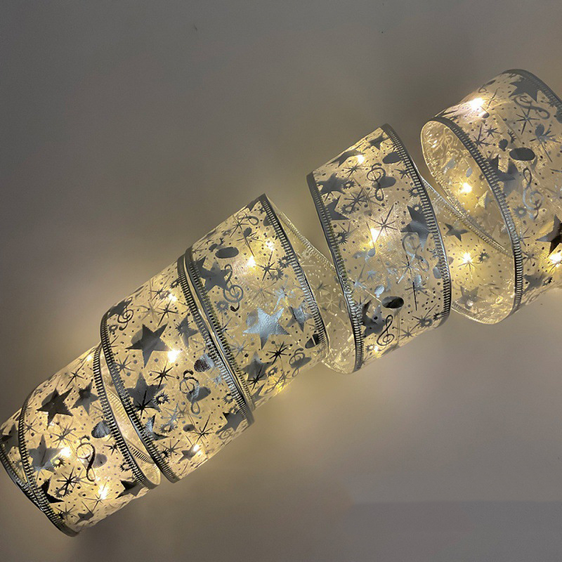 Cross-border LED ribbon string Christmas tree decorative light string satin light gift box decorative ribbon flashing light string Gold ribbon