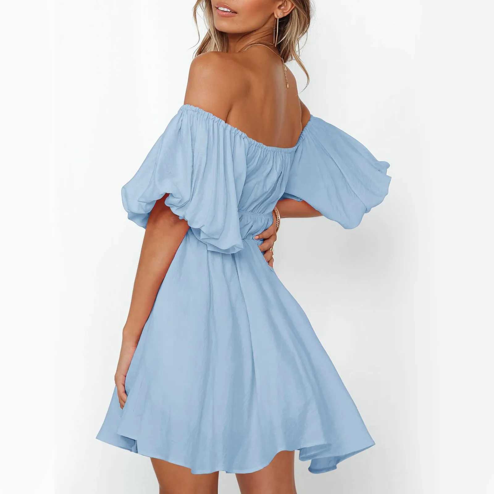 Summer fashion backless white beach dress for women elegant and sexy slanted collar ruffled casual A-line mini dress M250109