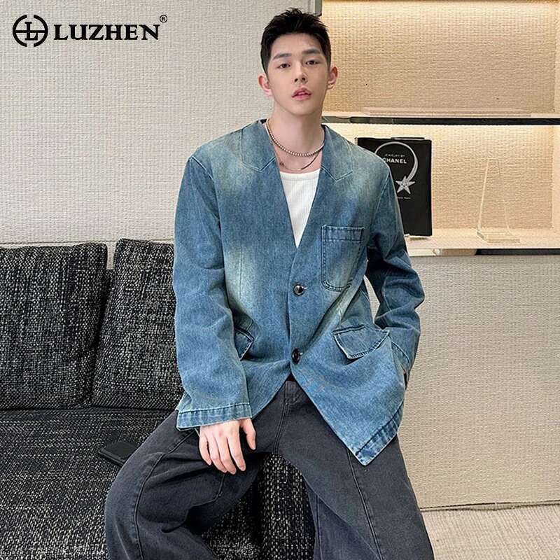 Autumn Versatile Loose Elegant Washed Casual Denim Blazer Coat Men's High Street Fashion Original Jacket New