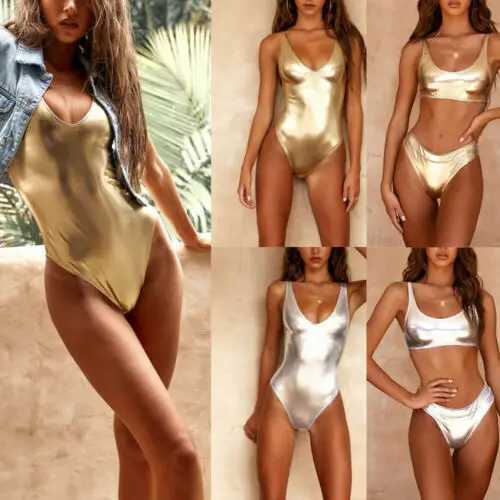 Sexy Shiny Gold/Silver Metallic ather Neck Biquini Bathing Suit Swimsuit Plus Size Swimwear Women Brazilian Bikini hotXJ240108