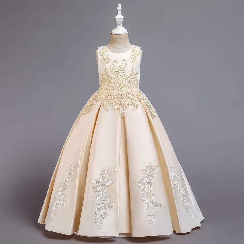Girls Ground-Length Dress Embroidered Satin Beaded Dress Host Flower Girl Princess Dress Runway Dress Girls Birthday DressXJ250108