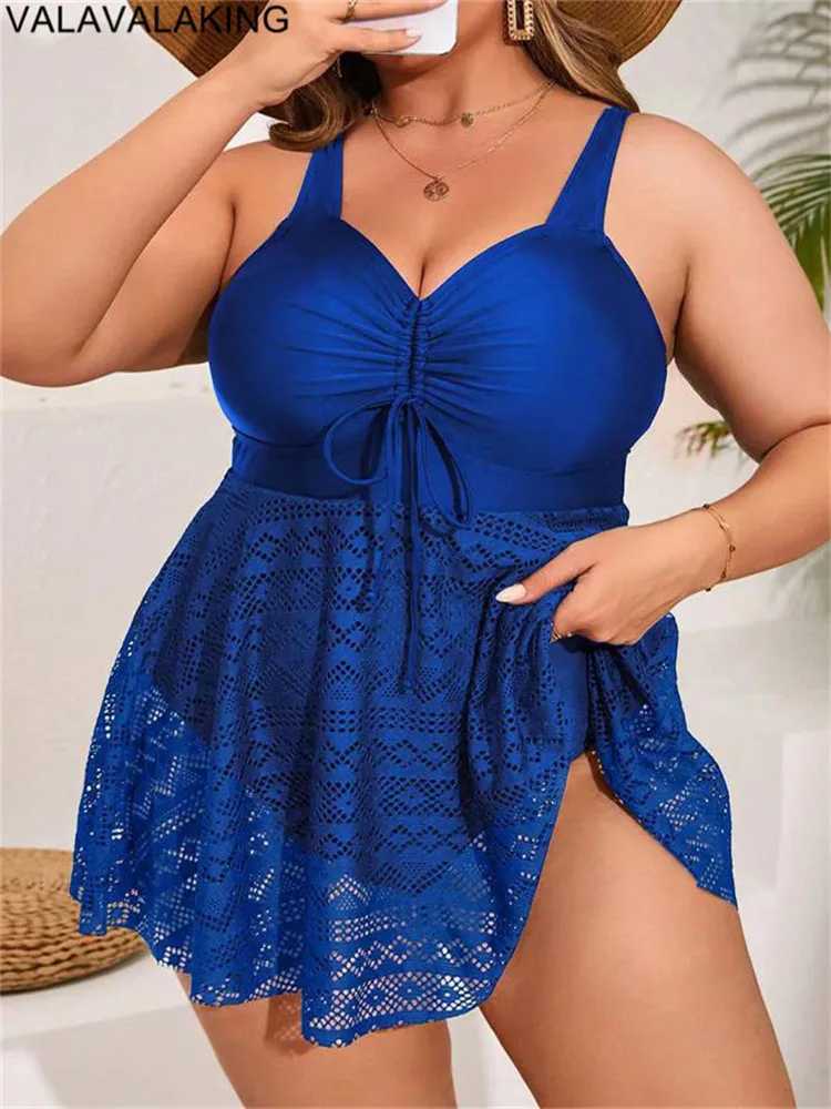 2025 Lace Patchwork Plus Size Swimwear Women Solid Strapped Large One Piece Swimsuit Brazilian Lady Chubby Curvy Bathing SuitXJ240108