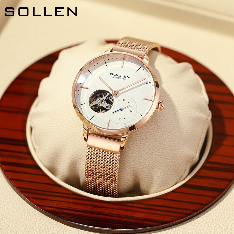 SOLLEN Ladies' Fashionable Skeleton Dial Automatic Mechanical Watch with Nylon Strap