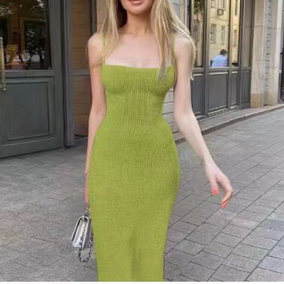 Suspender Knitted Dress Slit Slim Long Dress Fashion Solid Color Casual Street Women Robe 0uting Vacation Wear 250102