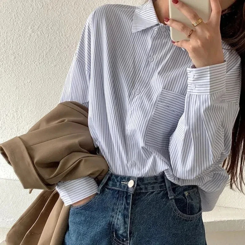 Korean Striped Loose Allmatch Blouse Spring Autumn Polo Neck Long Sleeve Preppy Style Shirt Tops Trend Casual Women Clothes 250109