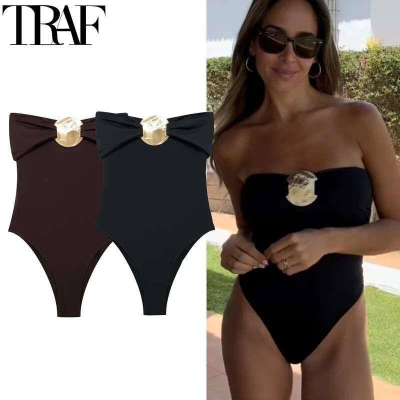 TRAF Sexy Body Woman Off Shoulder Black Strapless Bodycon Bodysuit Corset Backless Brown Women Beach Swimsuit