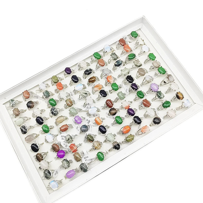 20/50pcs/Lot Wholesale Bohemia Mix Style Natural Stone Finger Rings for Women men Silver Color Party Jewelry Oval Agate Wedding 250106
