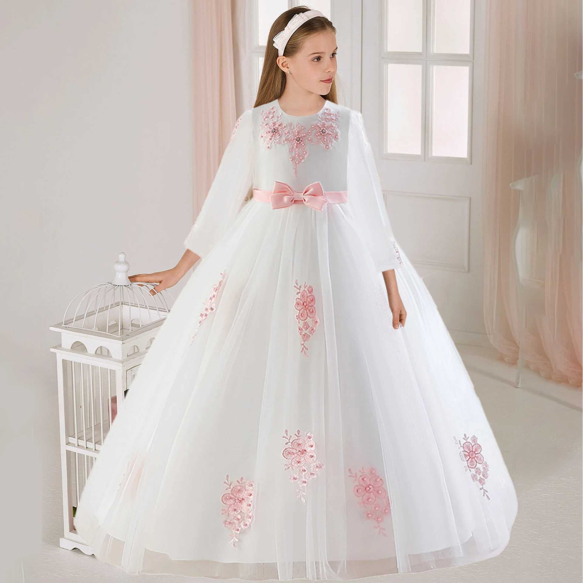 Fashion Beading Girls Par Dresses Elegant Flower White Bridemaid Wedding Birthday Par Dress for Kid Long Sleeve Banquet GownXJ250108