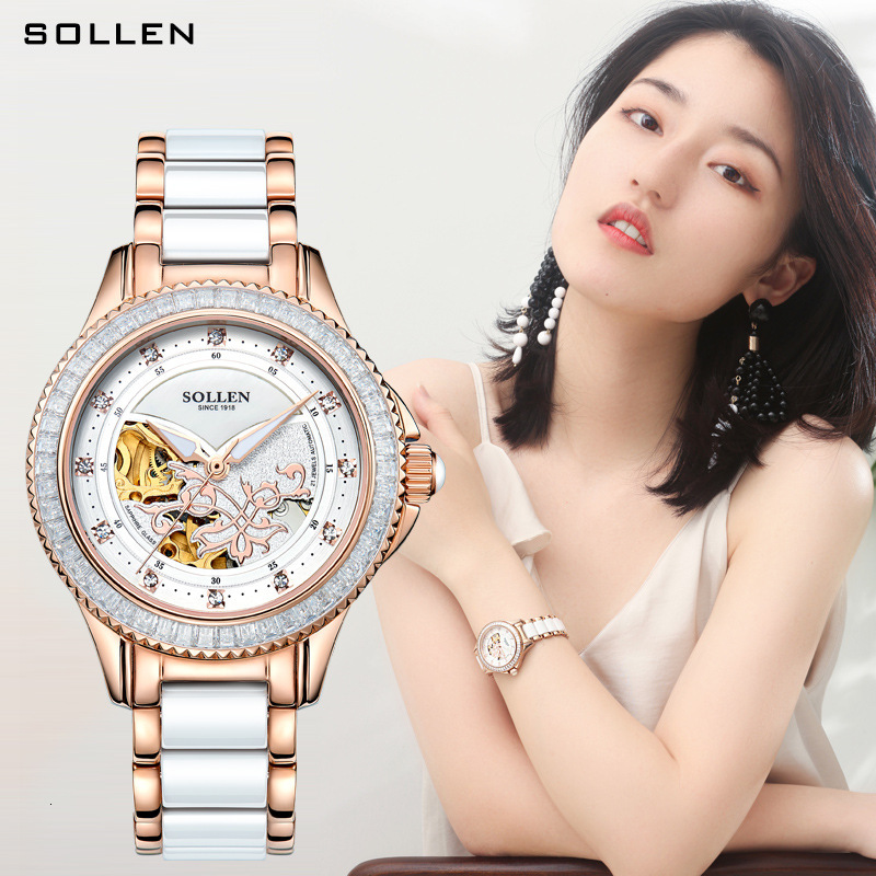 Trendy SOLLEN Women's Automatic Watch with Skeleton Dial and Ceramic Band