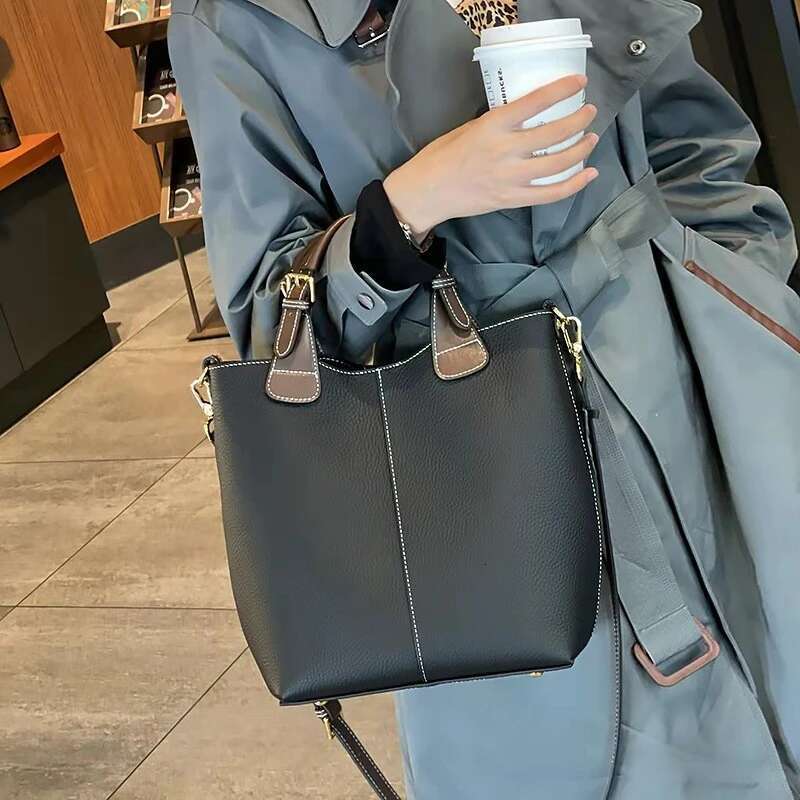 Toptrends Cowhide Genuine Leather Bucket Tote Handbags For Women 2025 Designer Commuter Ladies Shoulder Crossbody Bags