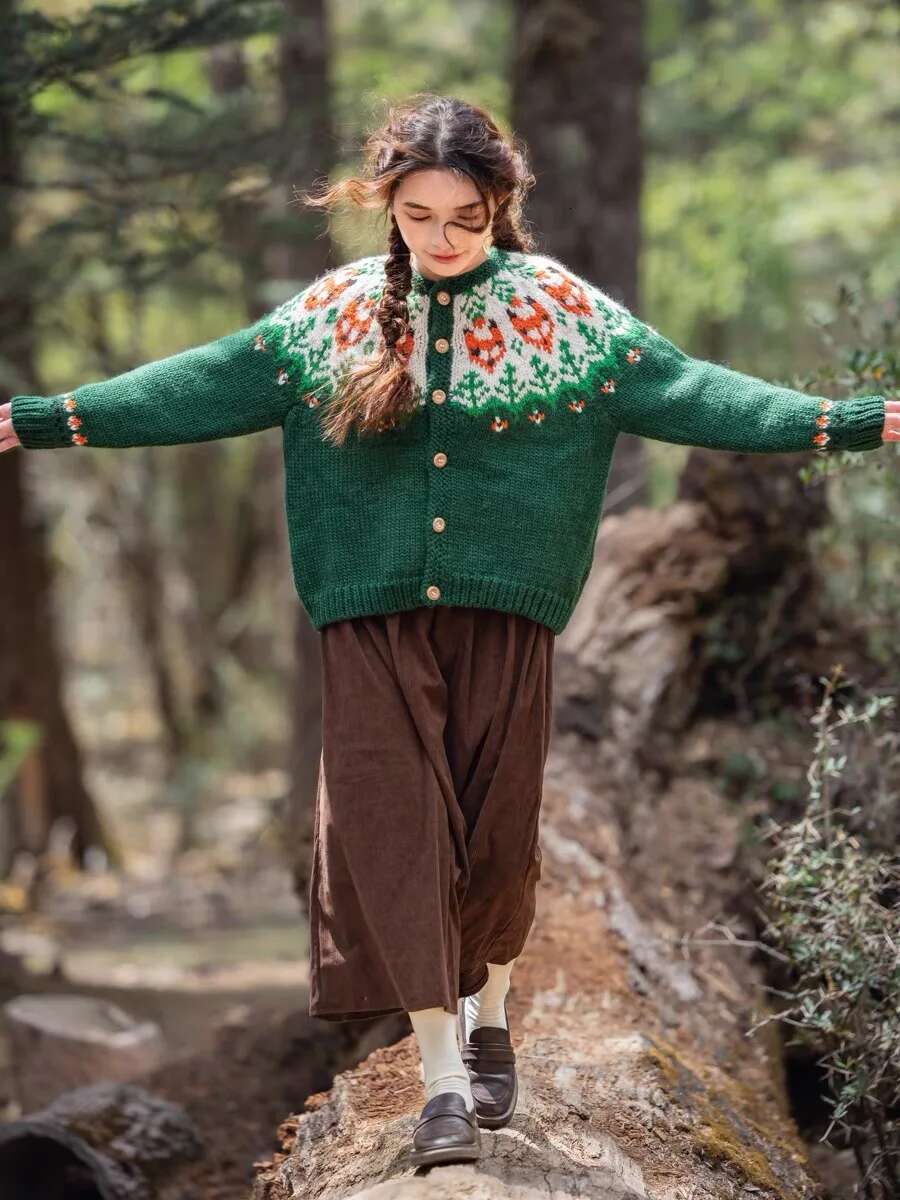 102-106Cm Bust Autumn Winter Women Fair Isle Icelandic Handknit Vintage Handmade Thick Warm 100% Wool Sweater Coat Cardigans