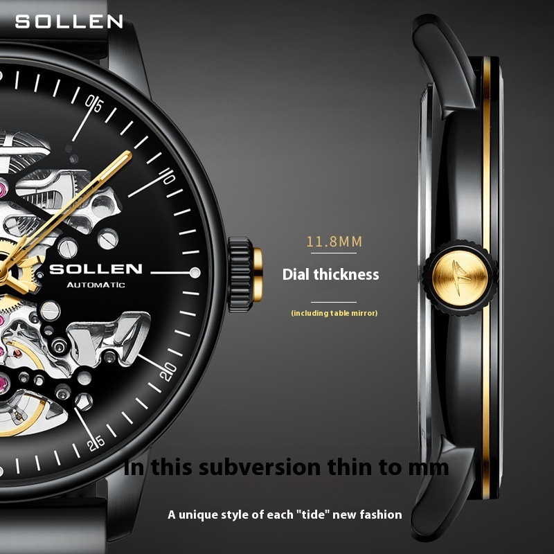 SOLLEN Fashionable Men's Mechanical Watch with Arc Skeleton Dial and Luminous Features
