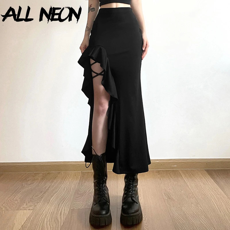 ALLNeon Gothic Black High Waist Bodycon Mid Skirt EGirl Punk Ruffles Split ALine Skirts Y2K Fashion Women Streetwear Bottoms 250106