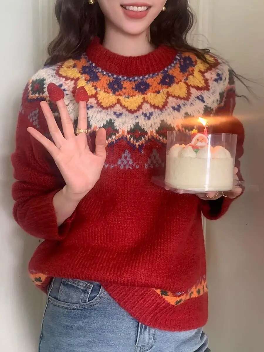 Fair Isle Vintage Pattern Sweaters For Girls Women Cute Christmas Red Knitted Pullover Comfortable Winter Jumper Loose Oversized