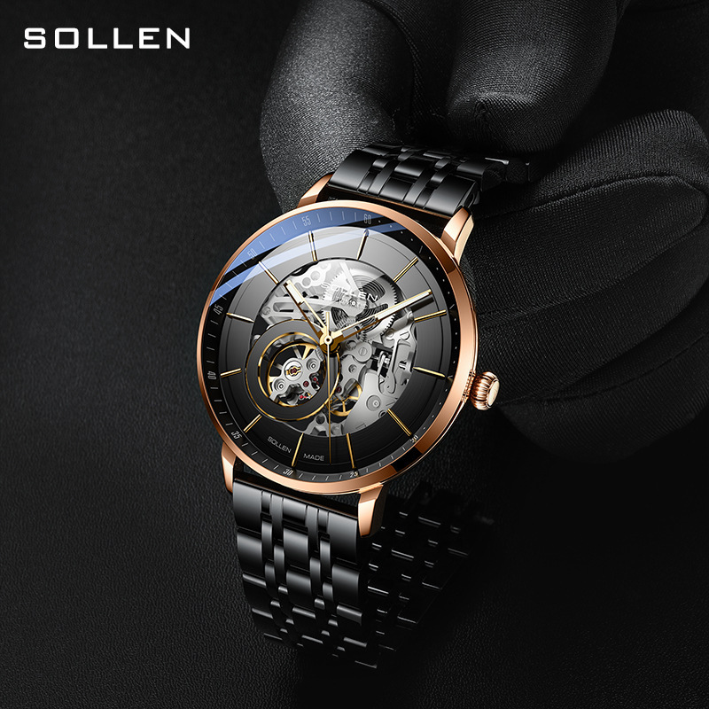 Fashionable SOLLEN Business Casual Skeleton Dial Watch for Men