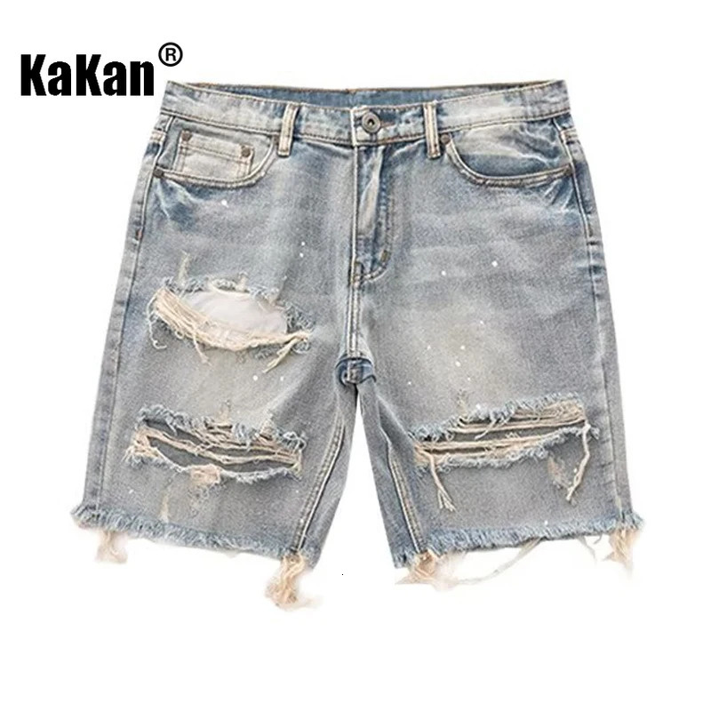 Kakan Summer Distressed Denim Shorts for Men Korean Youth Slim Fitting Small Leg Quarter Pants Jeans K58DK322 250106