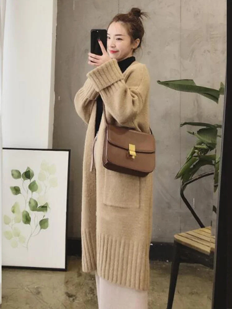 Autumn Winter Knitted Cardigan Women Sweater Jacket Elegant Vintage Loose Long Outerwear Maxi Y2k Sweater Coat Soft Jacket 250106