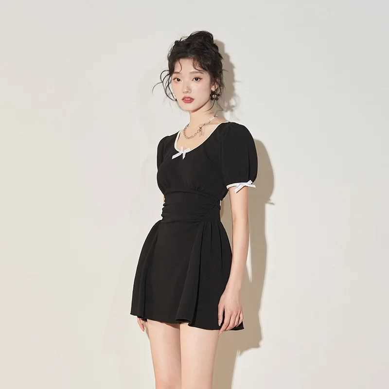 Wisuwore Conservative Skirt Split Flat Ang Swimsuit Women Thin Belly Fresh High Collar Short Seve Student Hot Spring SuitXJ240108