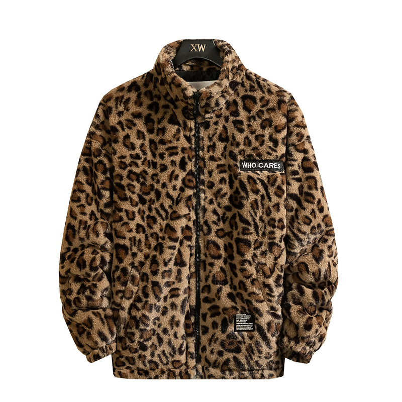 Hip Hop Lambswool Sherpa Jacket Mens Streetwear Leopard Pattern Stand Cardigan Coats Winter Harajuku Loose Couple Outwear