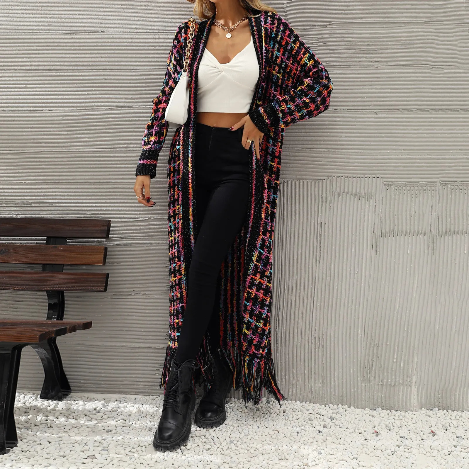 Women Colorful Cardigan Long Sleeve Knitted Open Front Loose Warm Sweater Coat with Tassel Floor Length Autumn Winter Jackets 250106