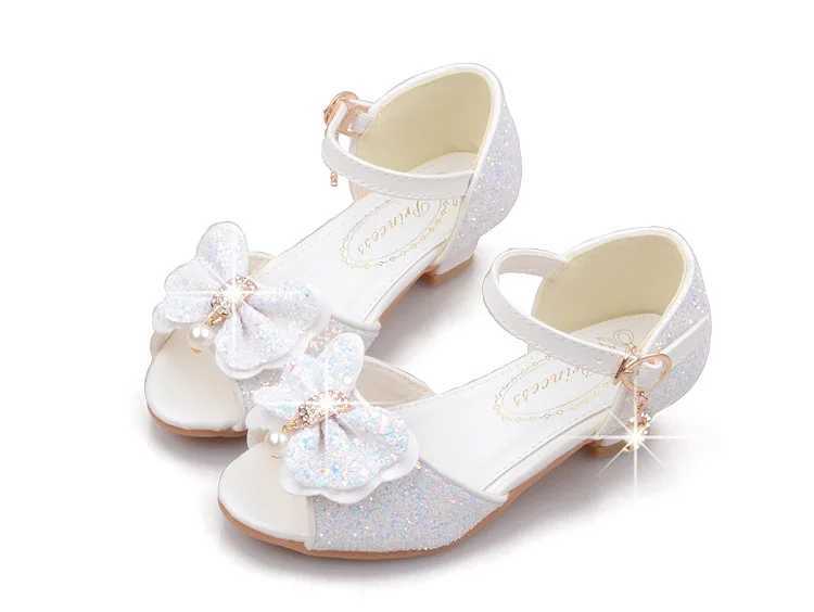 Girl princess shoes shiny childrens high heels white show leather shoes new summer girl bow painting performance sandals W250108