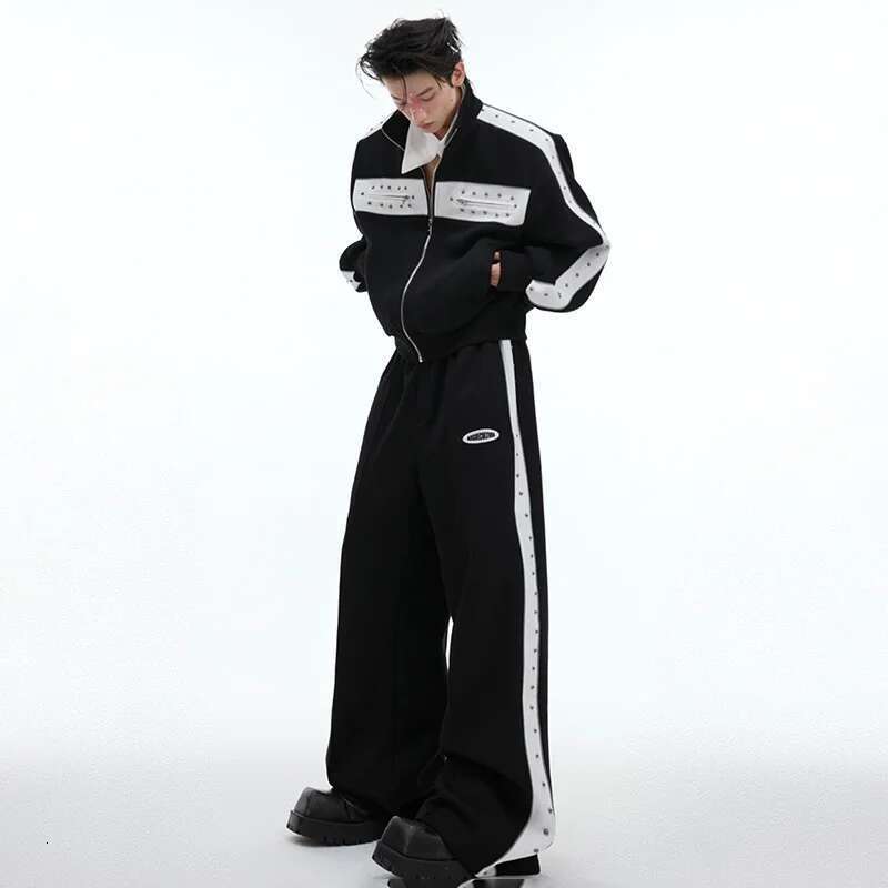 Autumn Winter Metal Rivet Color Contrast Patchwork Sweatshirts Niche Design Casual Men's Straight Sport Pants