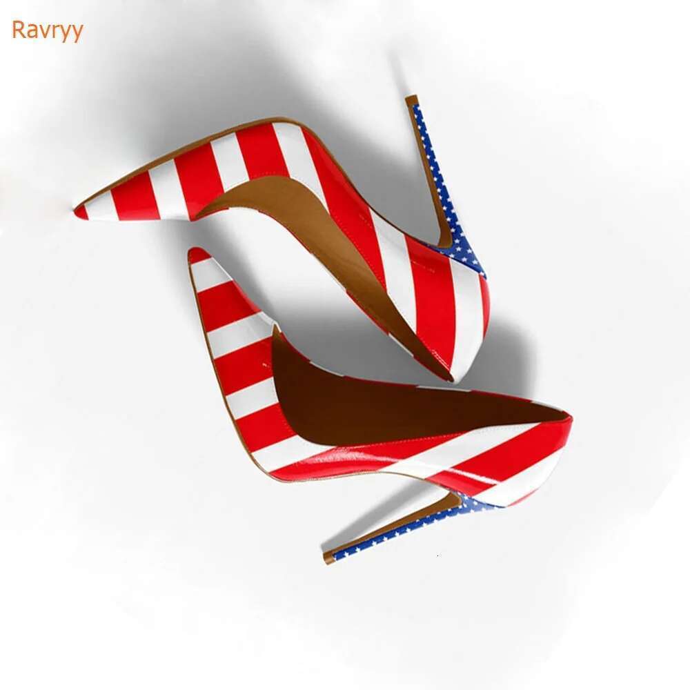 American Flag Prints Thin Heels Pointed Toe Patent Leather Women Slip On Pumps Shallow Party Fashion Shoes