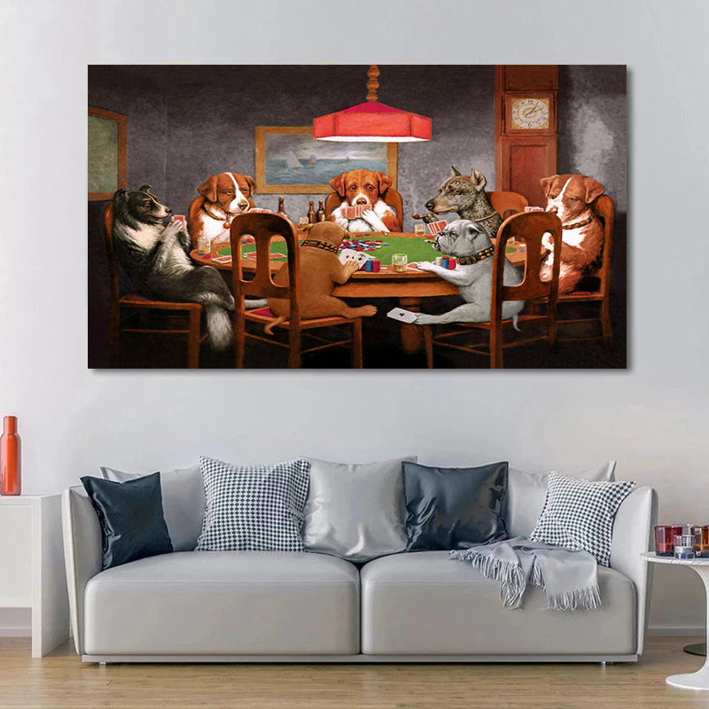 Creative Modern Abstract Dog Playing Poker Fun Poster Print Canvas Painting Wall Art Picture Living Room Home Decoration