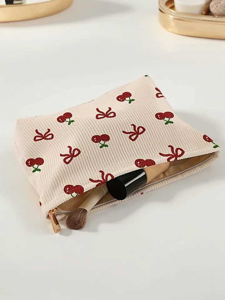 1 piece Corduroy zipper makeup bag with pink butterfly pattern lightweight multifunctional makeup storage bag W250109