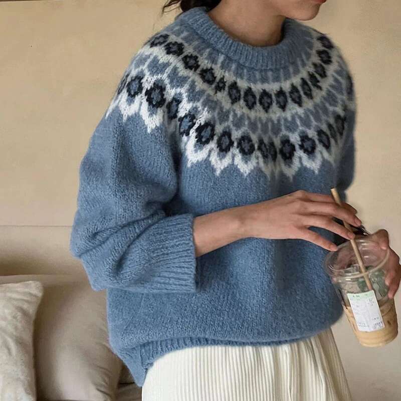 Qing Fair Isle Sweater Y2k Clothes Women Geometrical Print Round Neck Long Sleeve Tops 2000S Aesthetic Clothing Streetwear